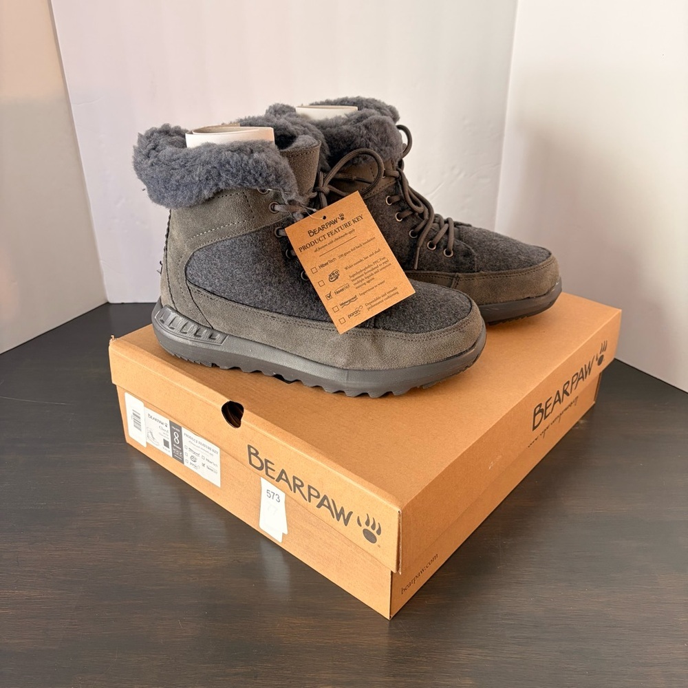 BearPaw Charcoal Gray Sherpa-Lined Lace-Up Ankle Boots